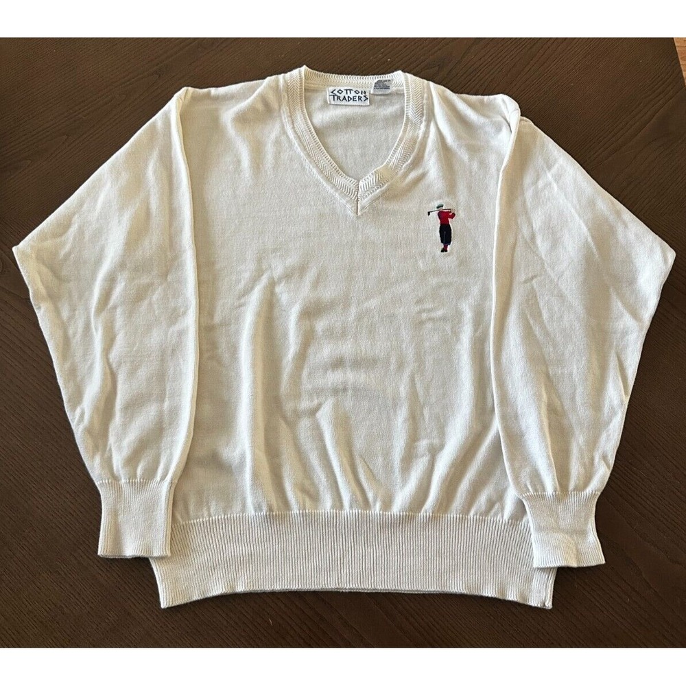 Vintage COTTON TRADERS White Knit GOLF V Neck‎ Sweater Size M Medium